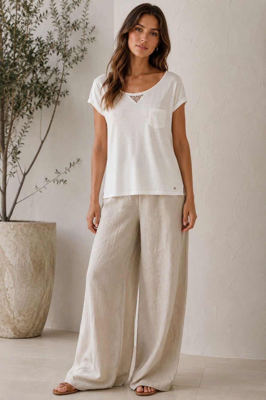 Esprit White Embellished Pocket Scoop Neck Short Sleeve Cotton Top XL